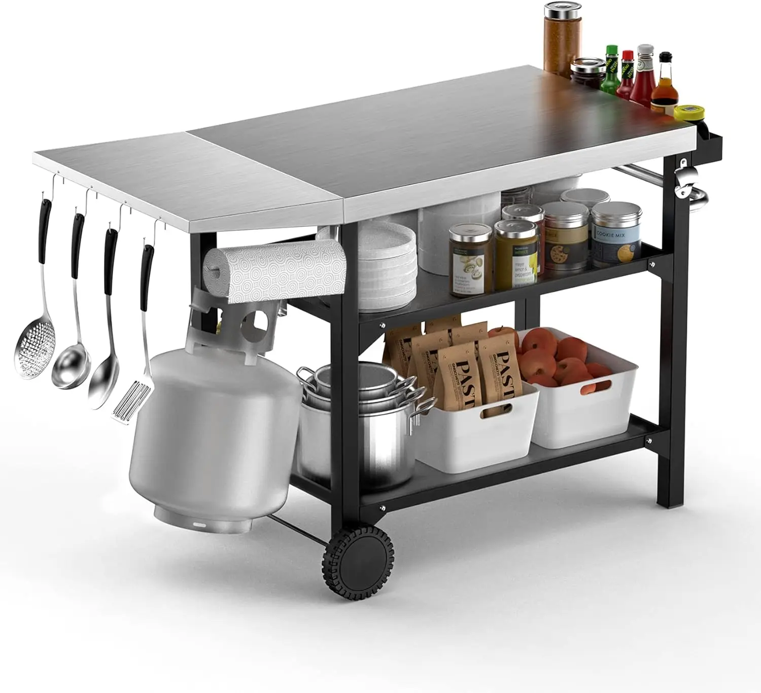 

Movable Outdoor Dining Cart Table, Three-Shelf Stainless Steel BBQ Grill Cart,Food Prep Flattop