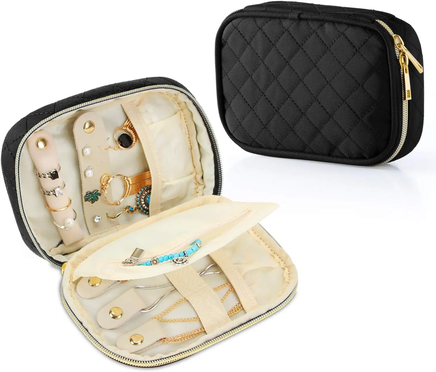 Small Jewelry Travel Case, Portable Jewelry Organizer Bag for Earrings, Necklace, Rings and More (Small, Quilted- Black)