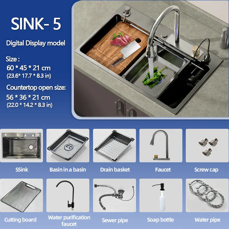 Digitale display waterval gootsteen enkele spoelbak keuken gootstenen van roestvrij staal, uittrekbare sproeikopkraan, complete set accessoires