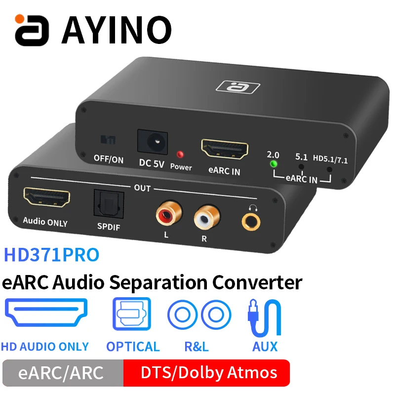 

AYINO eARC аудио экстрактор 192 кГц ЦАП преобразователь DTS AC3 LPCM HDMI-совместимый только адаптер оптический коаксиальный 3,5 мм AUX