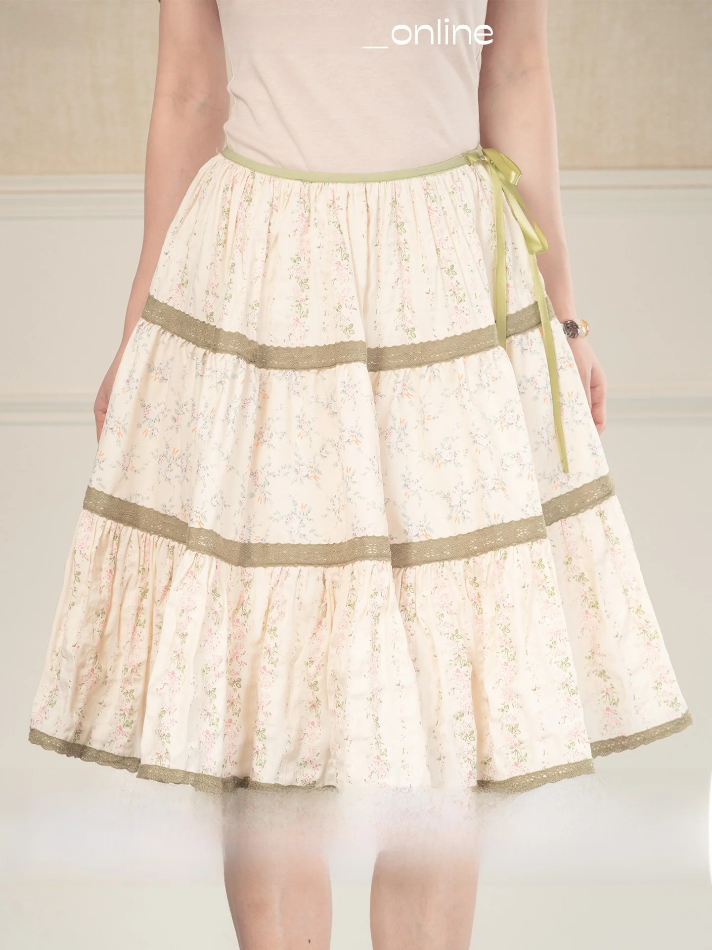 

Heynew Retro Floral Lace Splicing Midi Skirt Women's Summer New Design Sensation Casual High Waist Cotton Cake Skirt