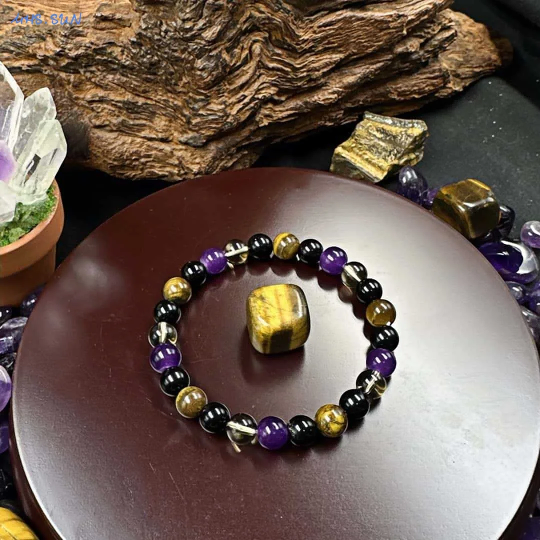 Yellow Tiger Eye Purple Crystal Natural Stone Bracelet Elastic Bracelet Fashion Handmade Jewelry Men's Handstring Gift