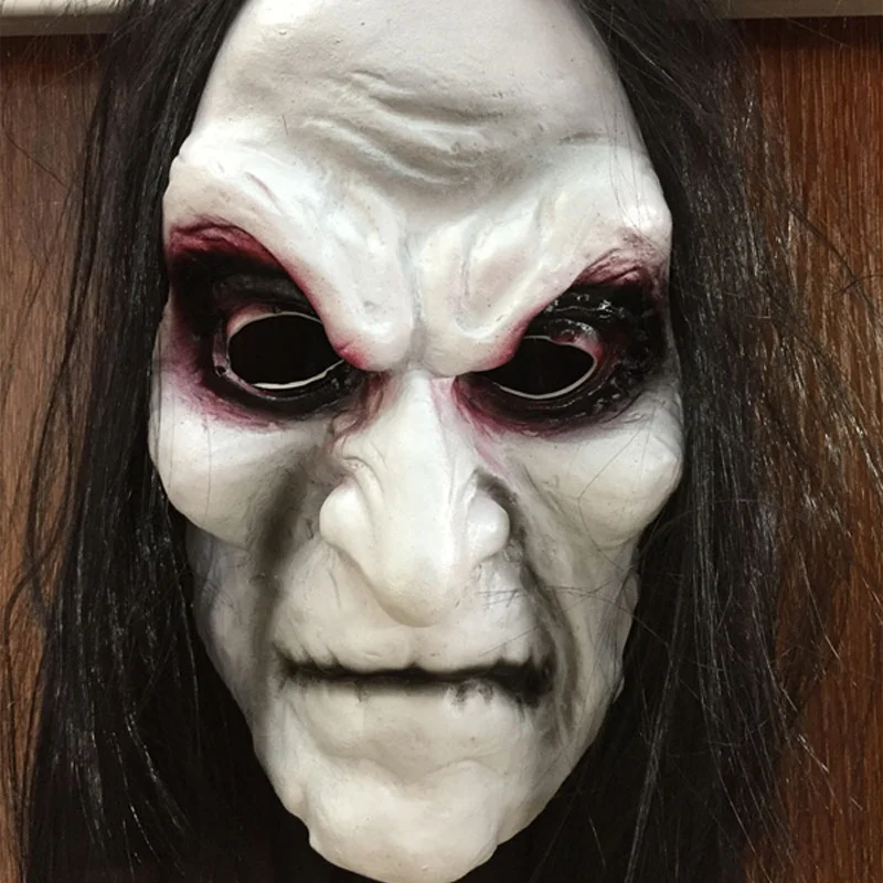 

Halloween Mask Evil Ghost Face Horror Mask w Long Hair Creepy Face Rubber Latex Mask Costume Accessories