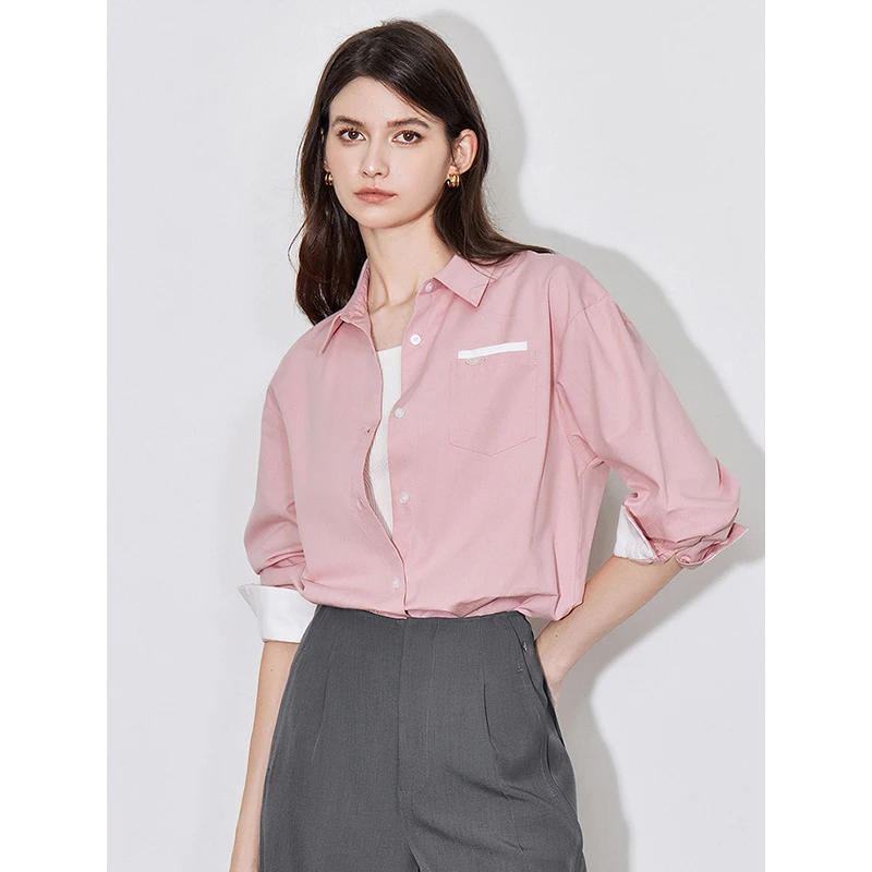 TOYOUTH Women Blouse Shirt 2024 Autumn New Pocket Design Contrasting Color Turn Down Collar Long Sleeve Casual Shirt Tops