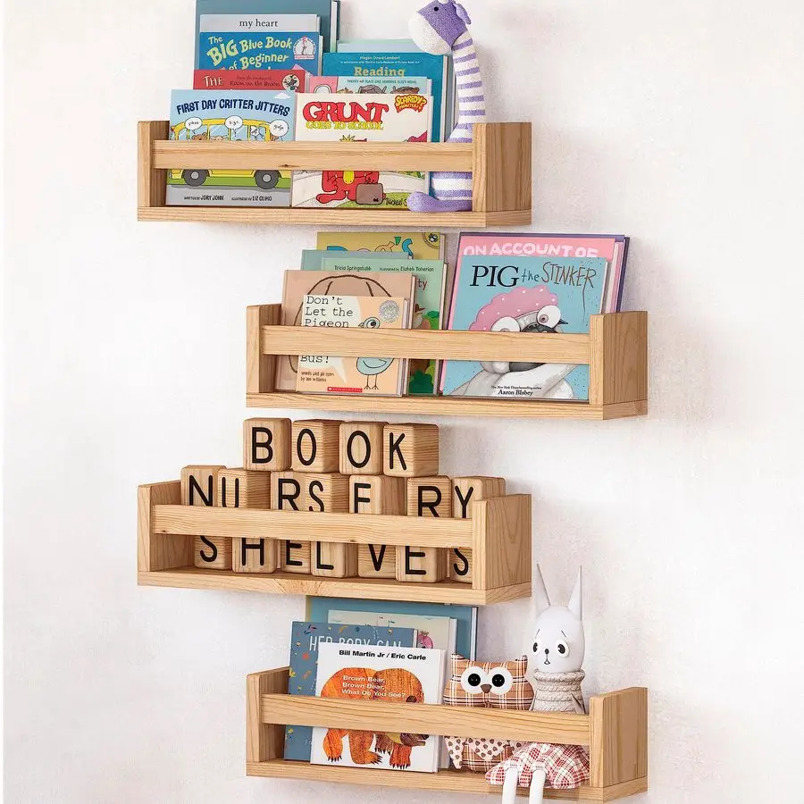 

SUPPLIES Set of 4, Natural Wood Floating Nursery Book Shelves, 16.4 Floating Bookshelves, Wall Book Shelf for Kids Rooms Decor,