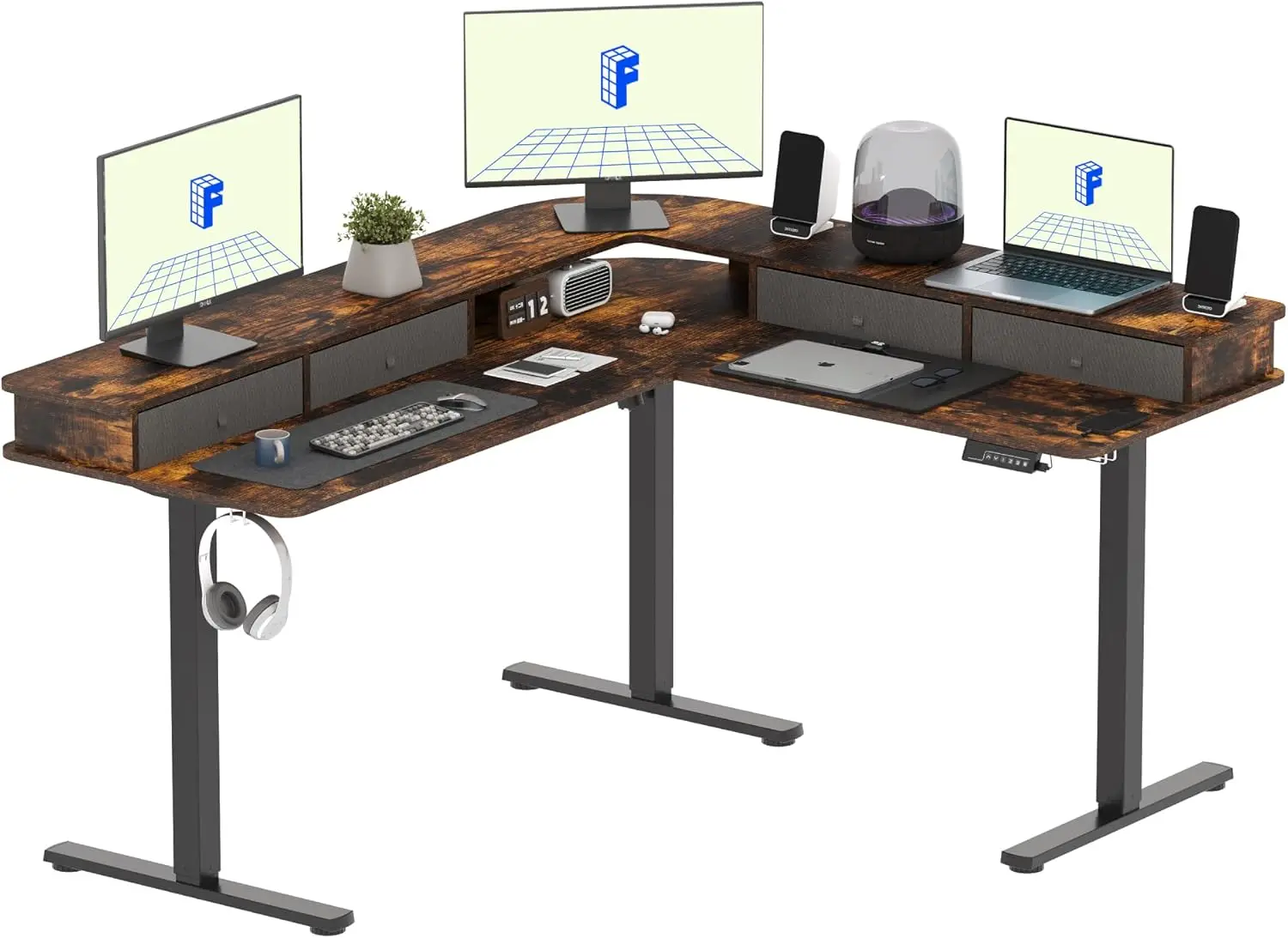 

FLEXISPOT 63'' L Shaped Standing Desk Electric Corner Table with Shelf, 4 Storage Drawers, Adjustable Computer Workstation