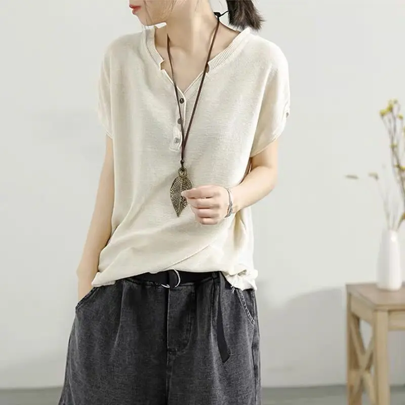 Women Monochromatic V-neck Short Sleeve T-Shirt, Loose Tops, Casual Clothes, Office Lady, All-match, Simplicity, Summer Fashion