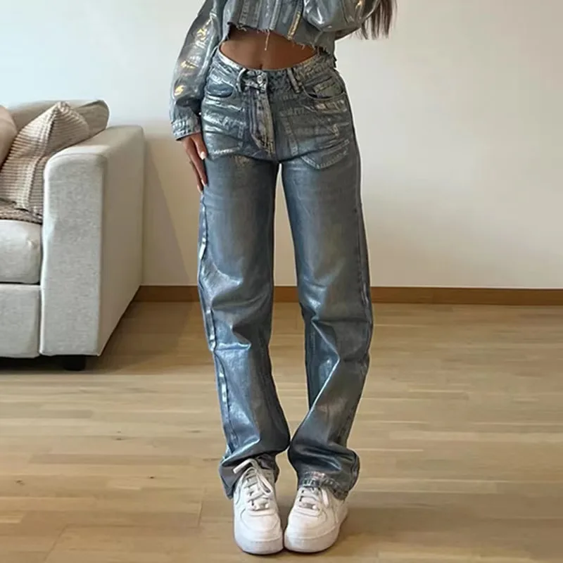 Custom Made Blue And Silver Washed High Waisted Straight Jeans For Women