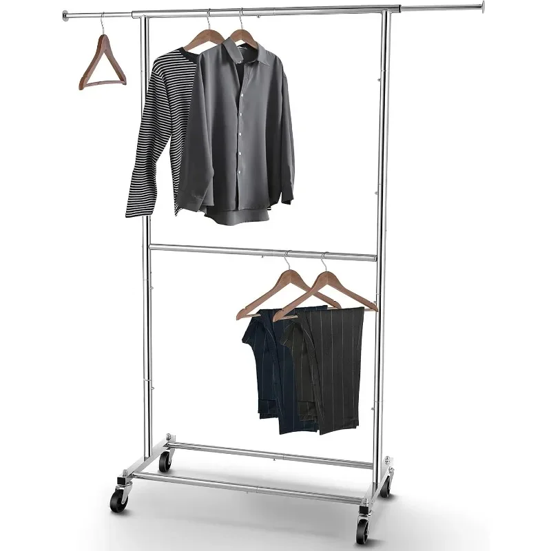 Double Rod Clothing Garment Rack, Rolling Clothes Organizer on Wheels for Hanging Clothes, Chrome