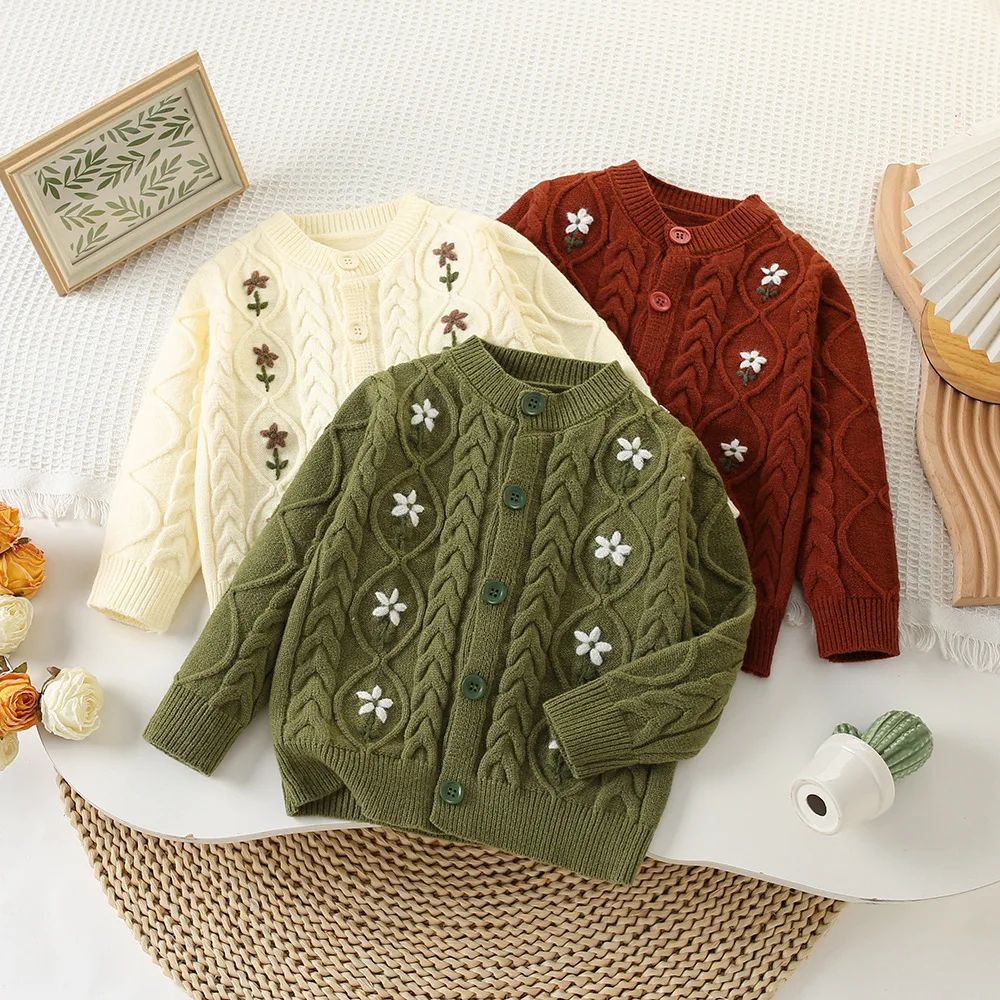 2024 New Children Forest Circle Flower Cardigan Sweater Coat Girls Knitted Sweater Fashionable Korean Style Top