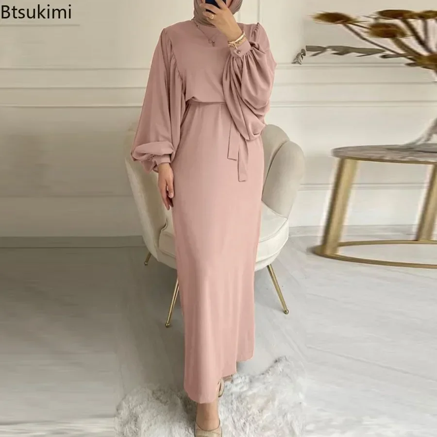New Fashion Muslim Elegant Modest Abaya for Women Vintage O-neck Lace-up Evening Dress Saudi Arab Solid Kaftan Casual Robe Femme
