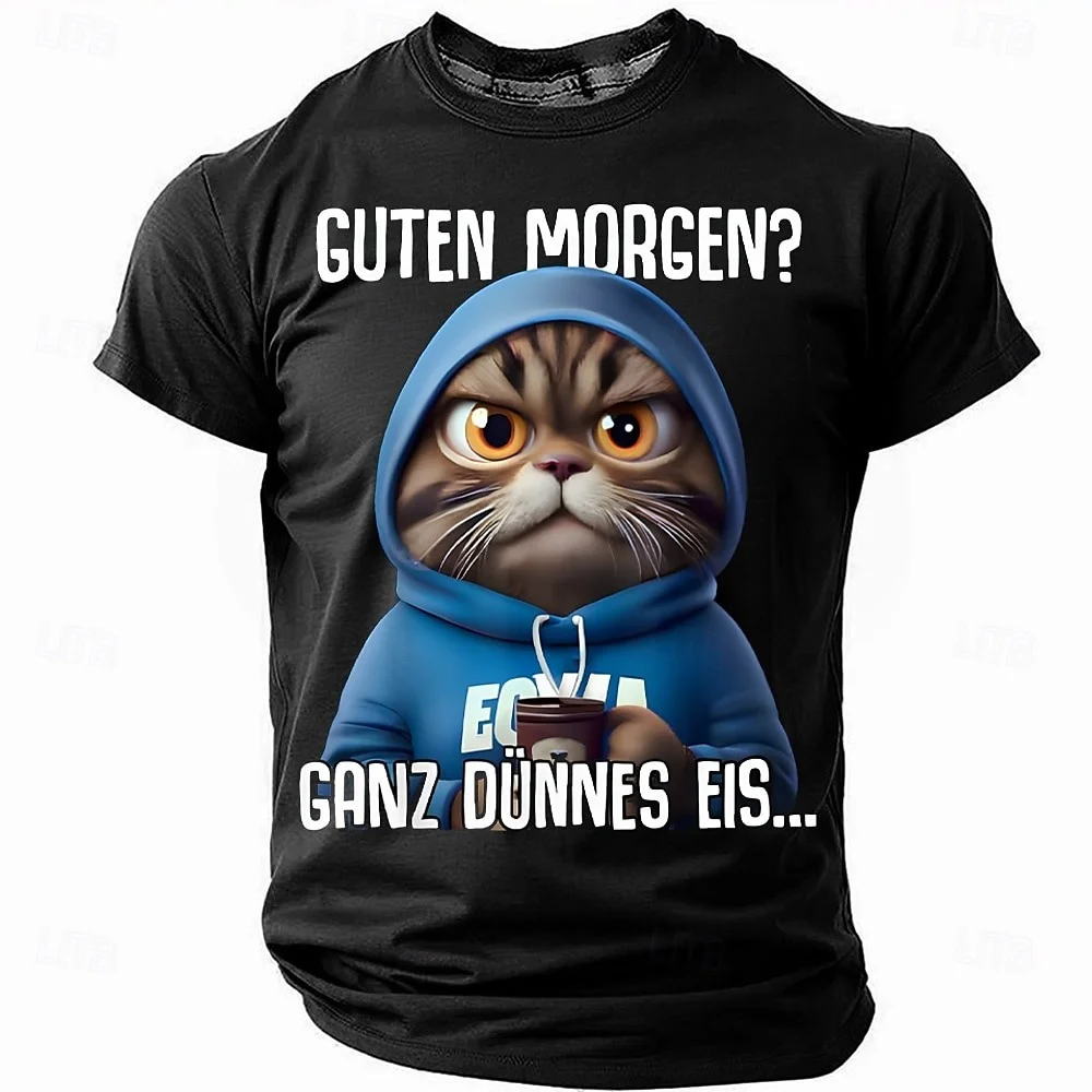 Men's Funny German Cat T-shirt Guten Morgen Ganz Dünnes Eis Graphic Print Short Sleeve Tee Casual Humor Top For Cat Lovers