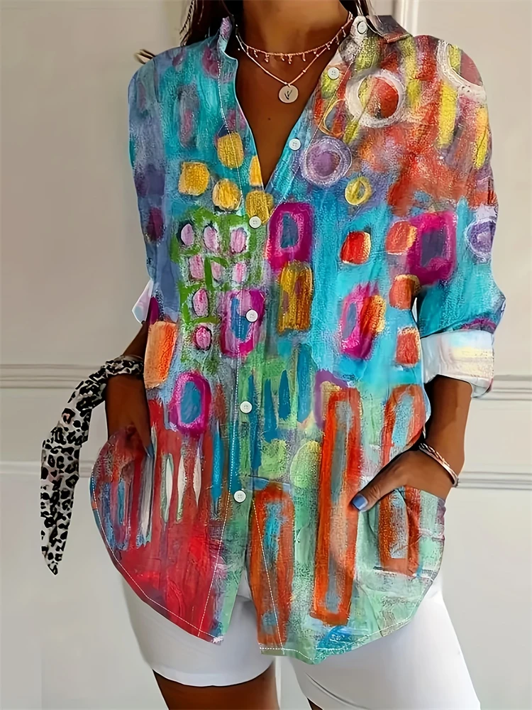 

Fashion Women's Shirt Spring Temperament Shirt Loose Long Sleeve Oil Painting Print V Neck Shirt Outdoor Street Shirt Women's