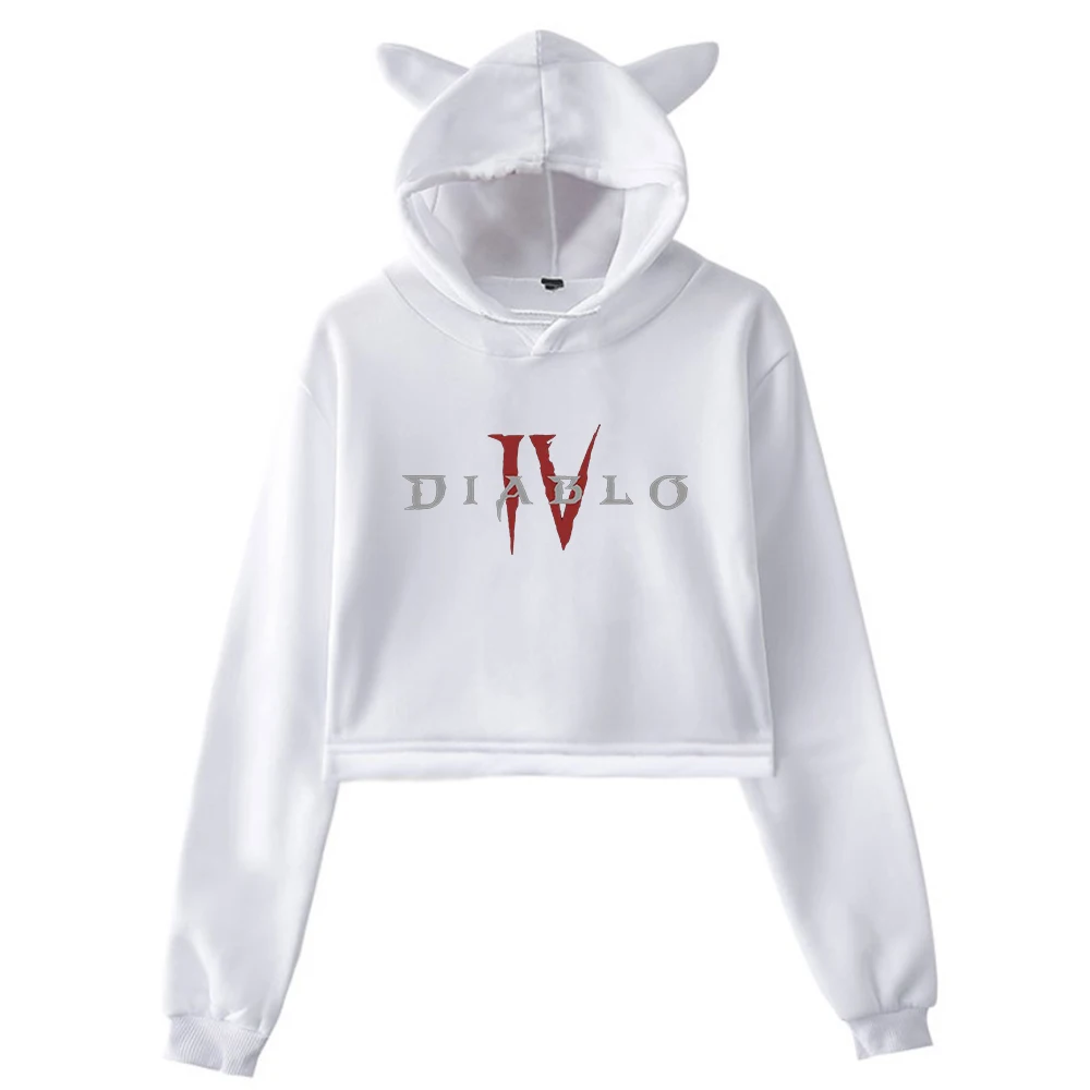 Diablo IV Core Logo Pullover Cat Ears Hoodie Long Sleeve Sweatshirts Female Crop Top Harajuku Streetwear Women's Clothes