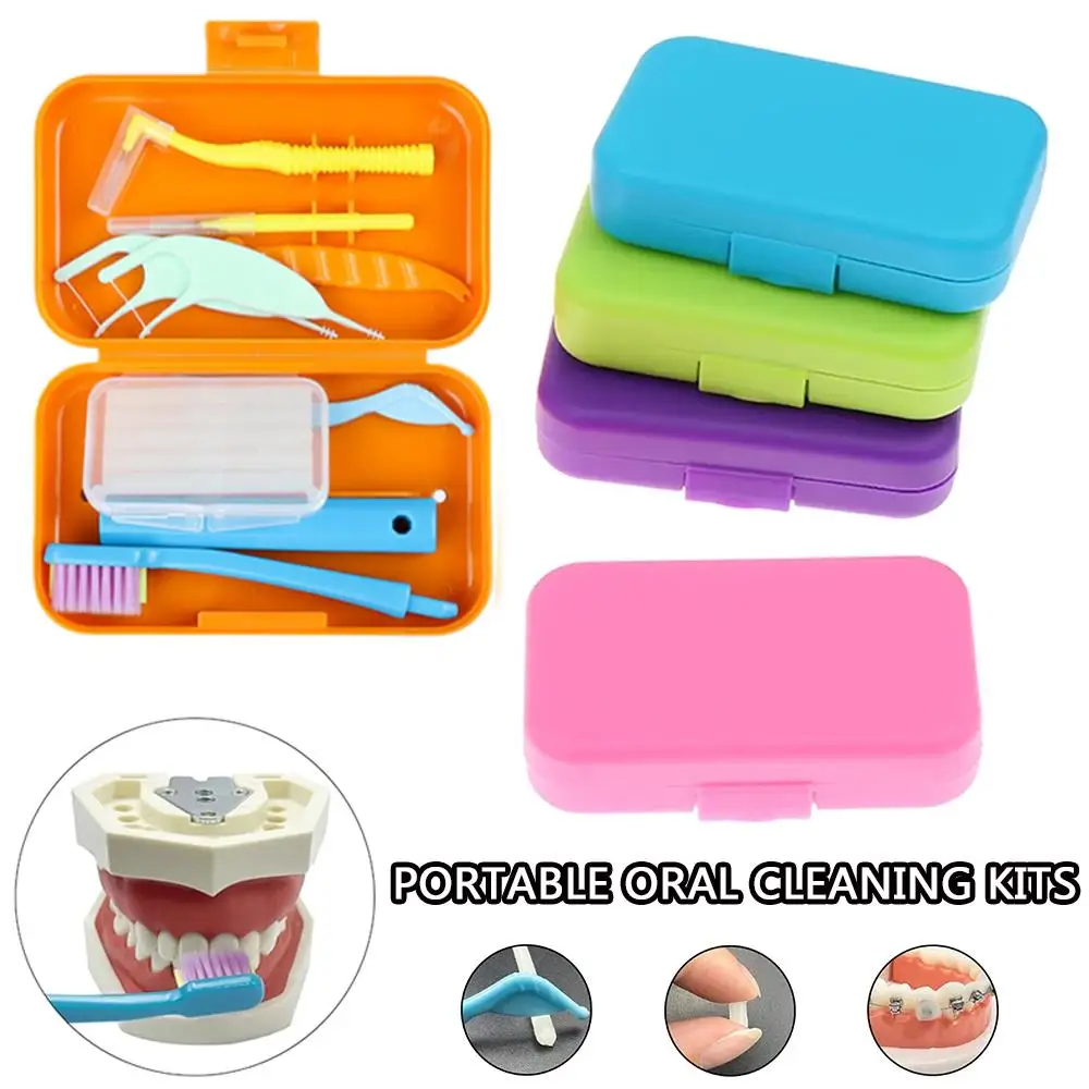1Box Dental Oral Cleaning Care Kits Portable Travel Orthodontic Care Interdental Brush Tongue Scraper Foldable Toothbrush 8pcs