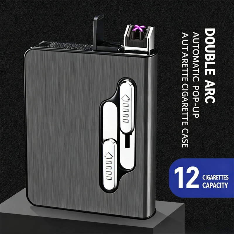 12/20 Cigarette Capacity Case with Built-in USB Dual Arc Lighter, Integrated Tungsten Filament Igniter,  Portable Smoking Gadget