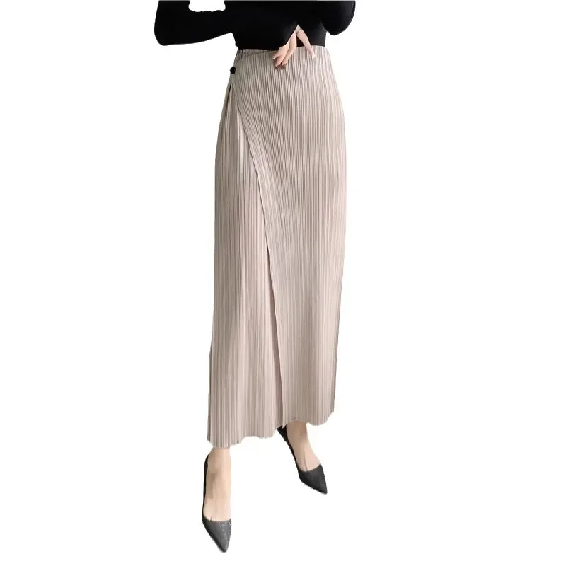 Miyake Stil Frauen Plissee Einfarbig Knöchel-länge Hosen Elastische Taille Breite Bein Gerade Weibliche Hose Lose 2025, Sommer