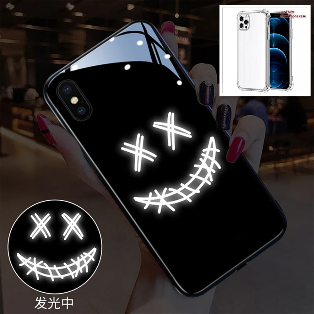 

Hot Sale Smile Call Glowing LED Light Up Glass Phone Cover For iPhone 15 14 13 12 11 Pro Max 8 7 6 6s Plus With Free Clear Case