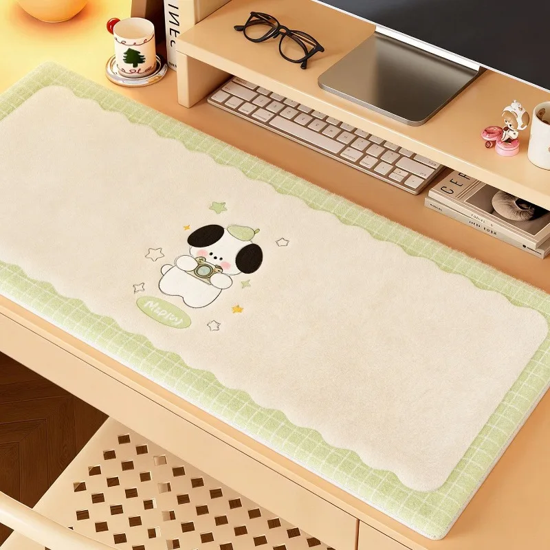 Kawaii Cartoon Puppy Faux Cashmere Extended Mouse Pad Wavy Scalloped Edge Large Mouse Pads Soft Thick Warm Winter Desktop Mat