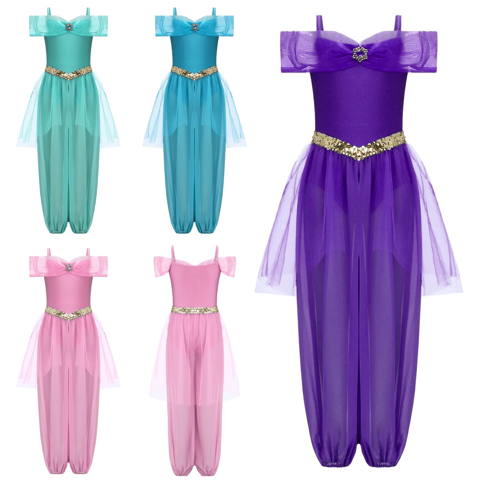 Kids Girls Arabian Princess Costume Halloween Arab Cosplay Jumpsuit Rhinestone Sequins Long Pants Romper Carnival Party Dress Up