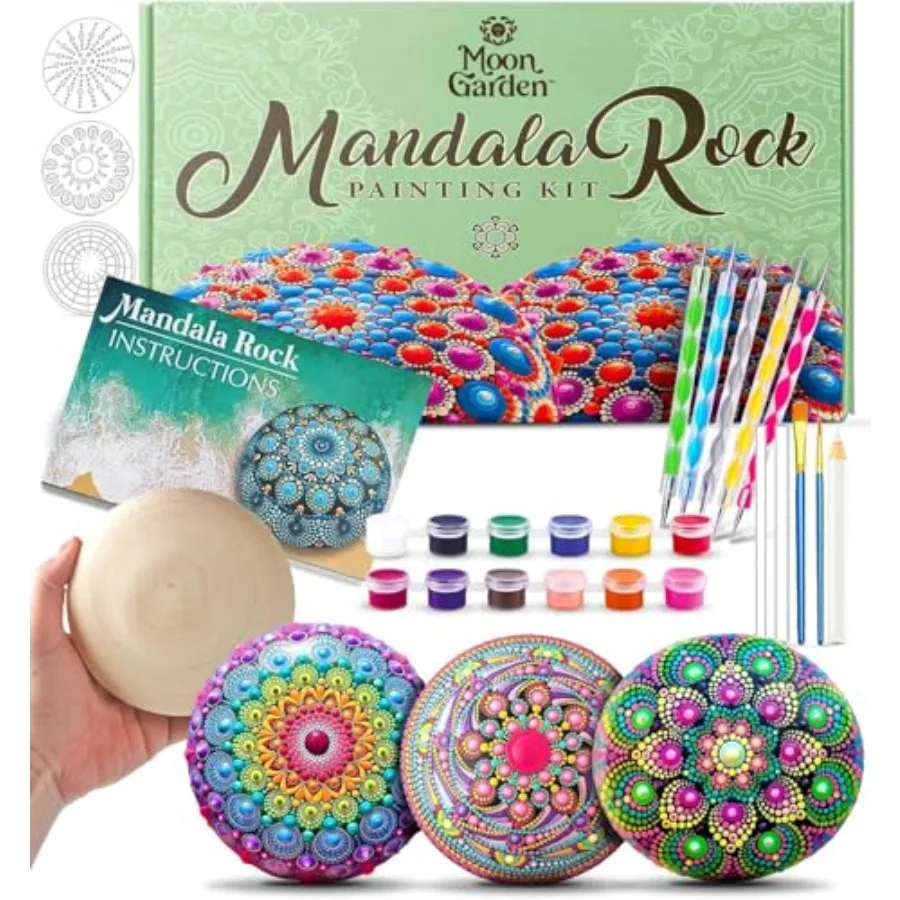 

【В наличии】Набор для рисования мандал на камнях MoonGarden - Набор инструментов для точечной росписи мандал - Большие деревянные камни для рисования, трафареты, акрил