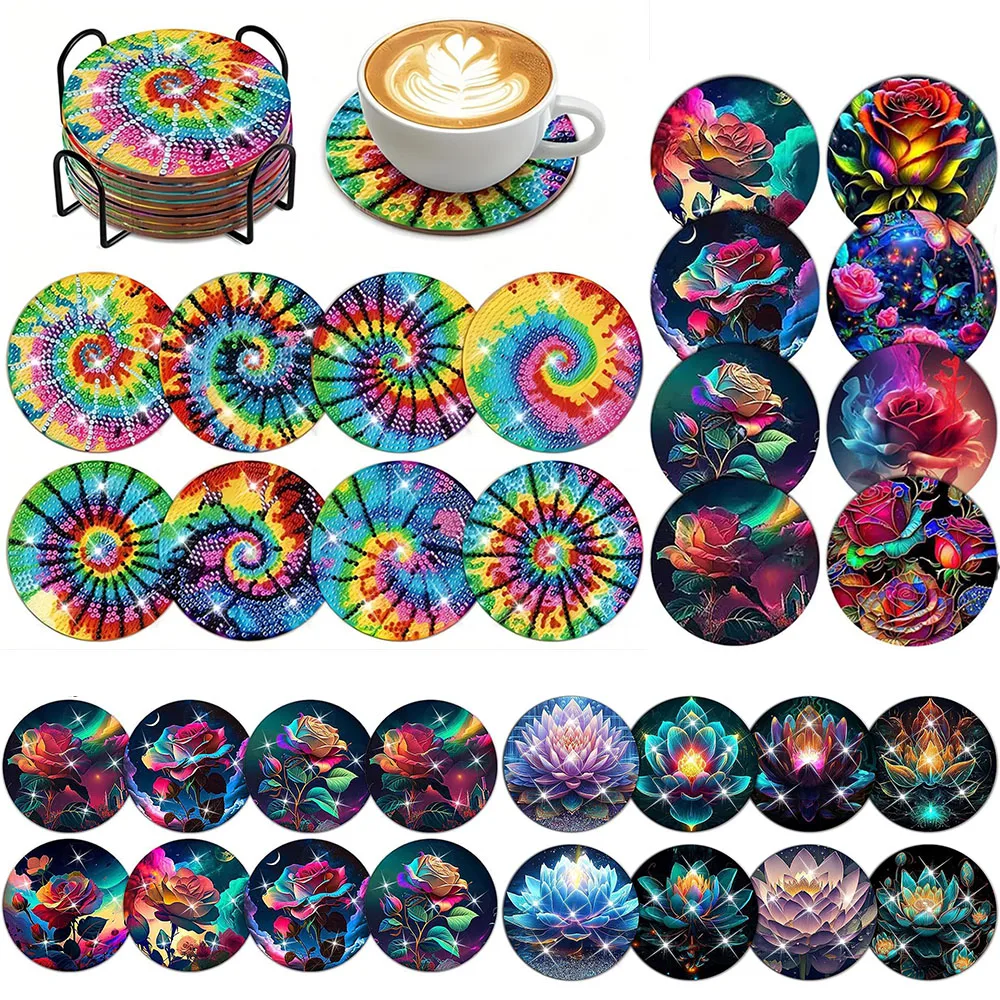 

8pcs Tie-Dye Diamond Art Painting Coaster Kit With Holder DIY Red/Blue Mandala Diamond Art Coaster Drink Tablemat for Gift