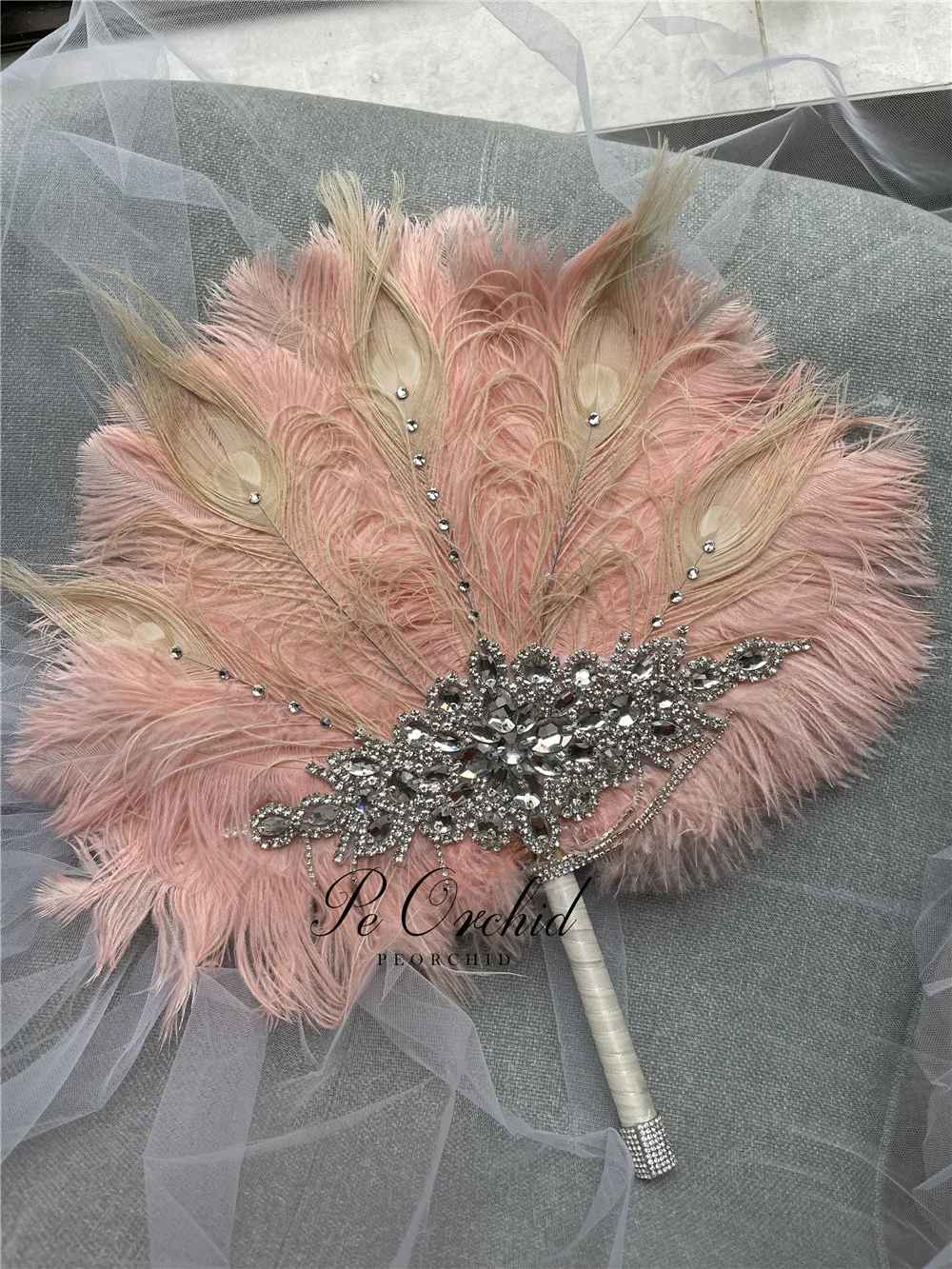 PEORCHID Luxury Pink Crystal Wedding Feather Fan Gatsby Theme Bridal Bouquet Engagement Hand Fan Brides Roaring 20\'s Bouquet