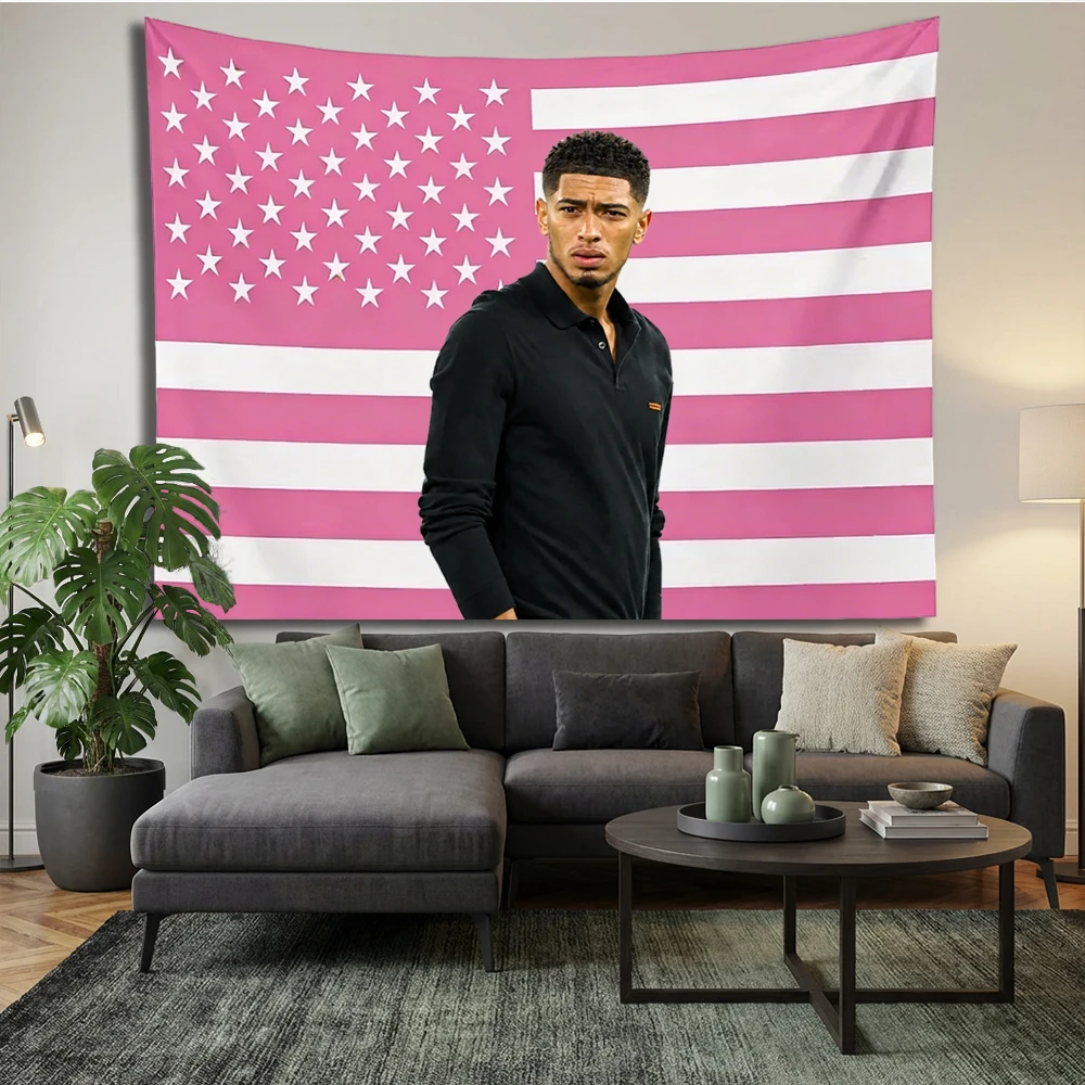 Jude Bellingham Sports Star Tapestry, Pink US Flag Wall Hanging for Football Fan Home Decor Gift