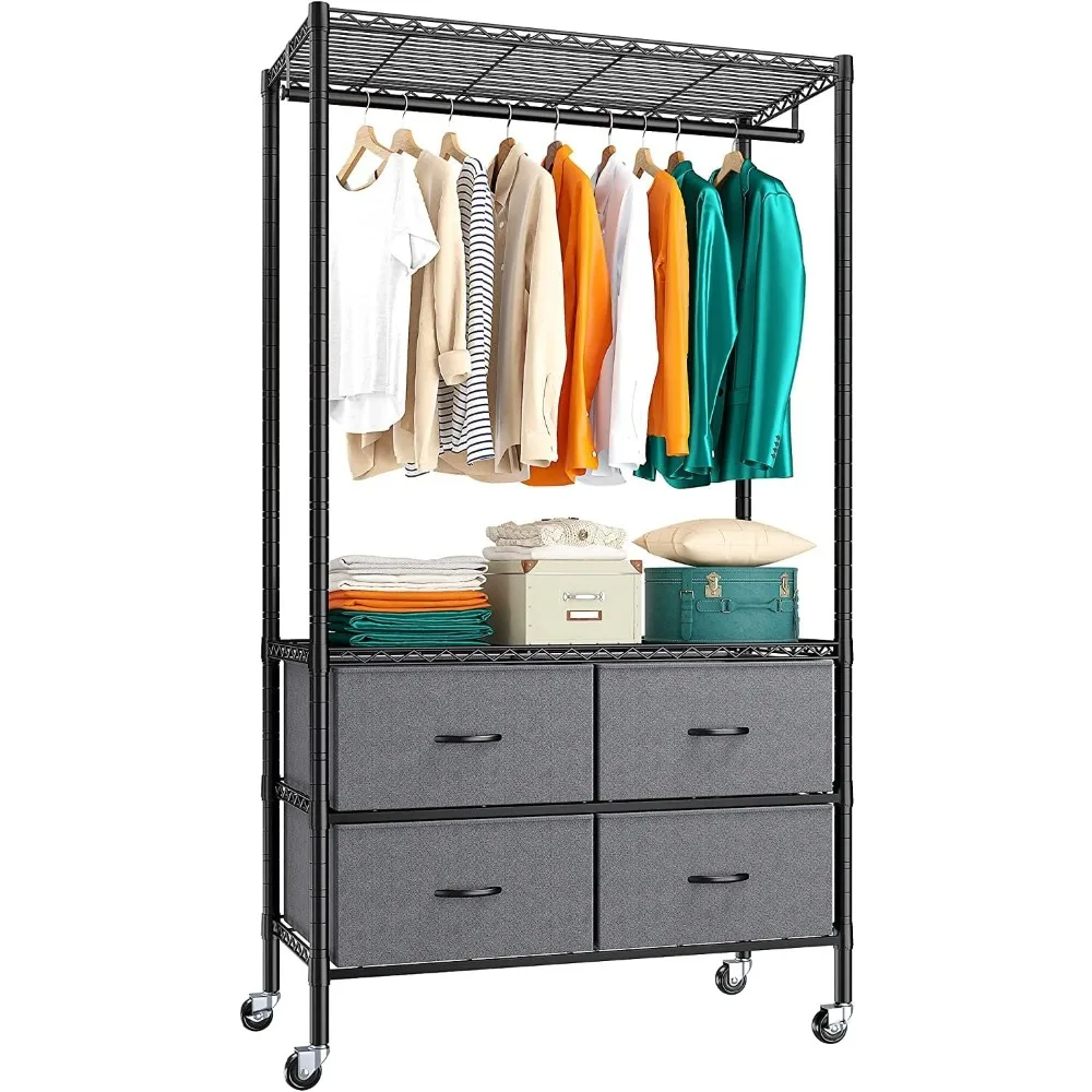 

Rolling Clothes Rack for Hanging Clothes, Clothing Rack with 4 Fabric Drawers and Wheels, Portable,Adjustable,Sturdy,Black