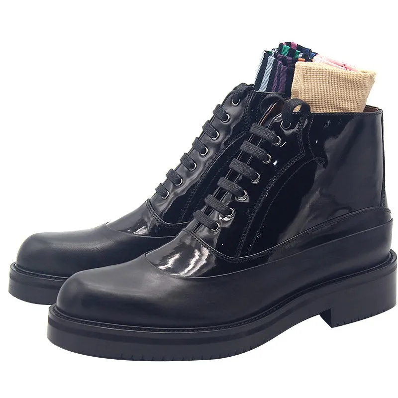 JINIWU 2026 Thick Sole Leather Boots for Men, Lace Up Oxford Boots, Elevated Handmade Cow Leather Gentleman Glossy Black Boots