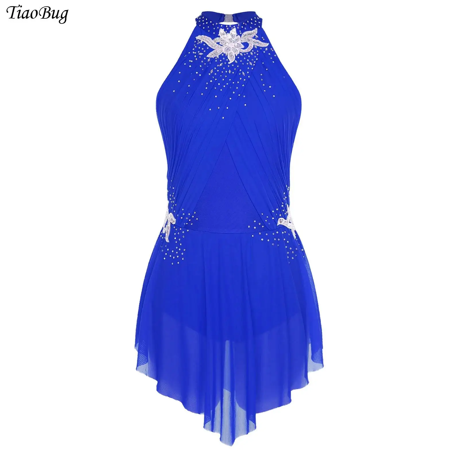 

Womens Figure Skating Dress Sleeveless Rhinestones Embroidery Ruched Mesh Layering Leotard Dress Gymnastics Lyrical Dance dress