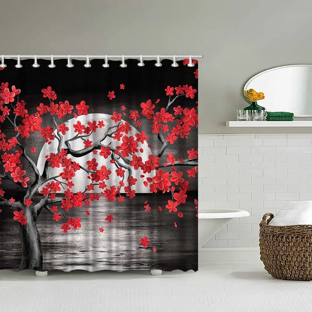 

Cherry Blossom Shower Curtain Full Moon Over Sea Pink Flowers Blooming Ocean Mysterious Night Seascape Waterproof Bath Curtains