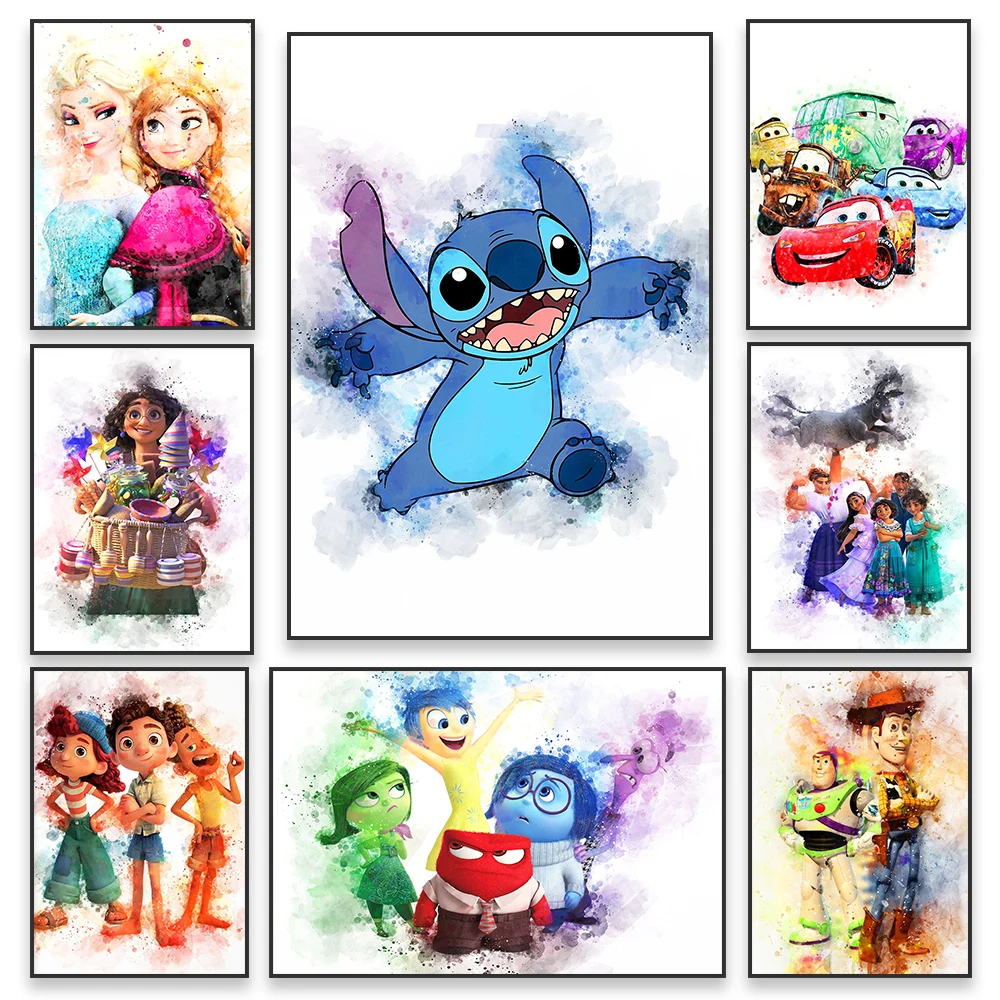 Disney Inside Out Movie Watercolor Poster Lilo and Stitch Canvas Painting Cartoon Kids Wall Art Abstract Prints Bedroom Decor