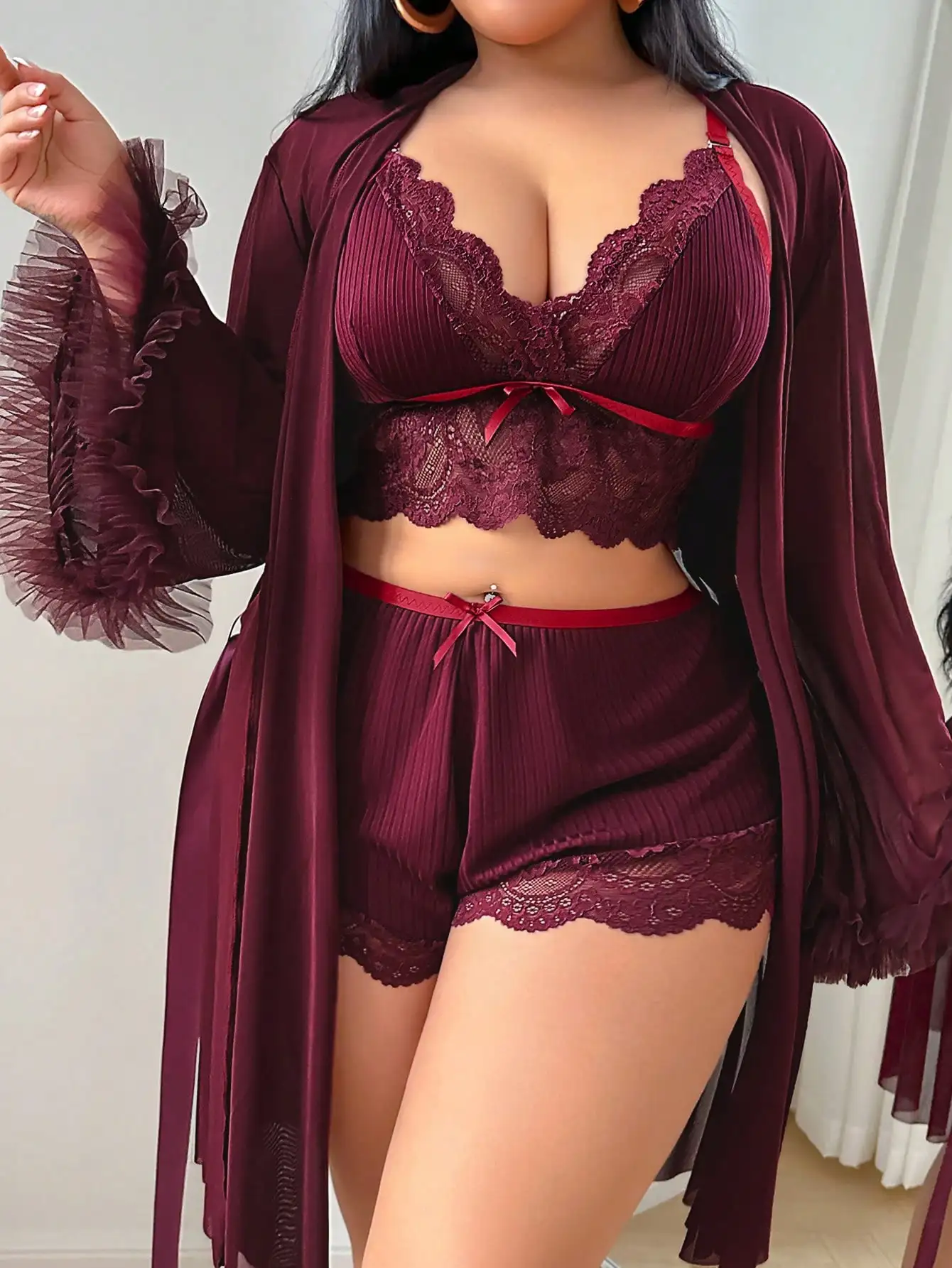 

3-Piece Burgundy Lace Trim Lingerie Set: Camisole, Shorts & Long Sleeve Robe