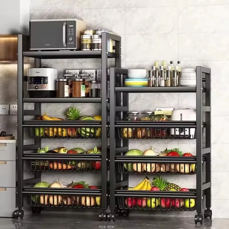 Multi-Tier Kitchen Storage Cart with Wheels Removable Vegetable Basket Microwave Oven Organizer Mobile Pantry Shelf for Home