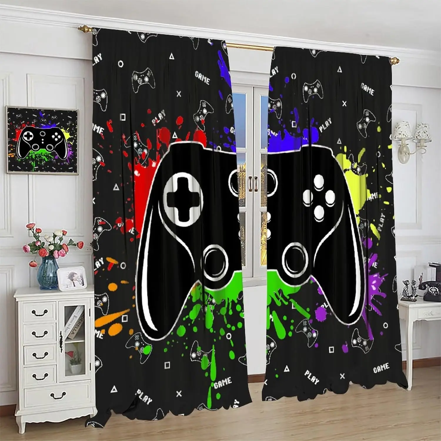 Gaming Curtains for Boys Teens, Black Video Games Video Game Window Drapes Game Controller Home Decor Window Treatments for