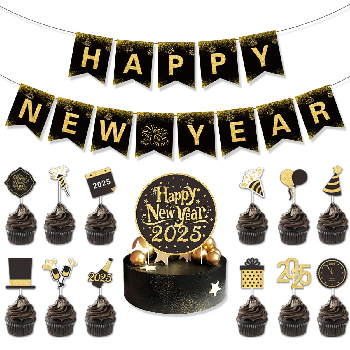 Black 2025 Happy New Year Theme Banner Cake Topper Swirls Hanging Fireworks Balloons Photo Props for 2025 New Year Party Decor