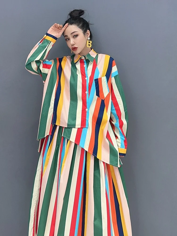 2023 Spring Autumn New Women Korean Style Casual Colorful Stripe POLO Collar Shirt Top Trendy Half Dress Two Piece Set ZY2121