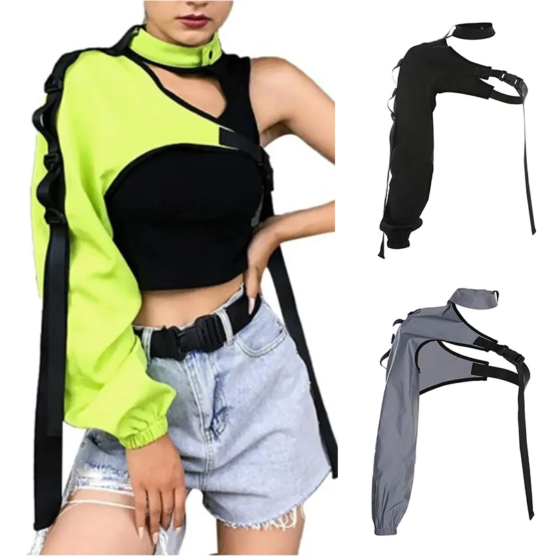 Women Sexy One Shoulder Reflective Crop Tops Choker Adjustable Buckle Long Sleeve Cover Up Irregular T-Shirt Rave Shrugs