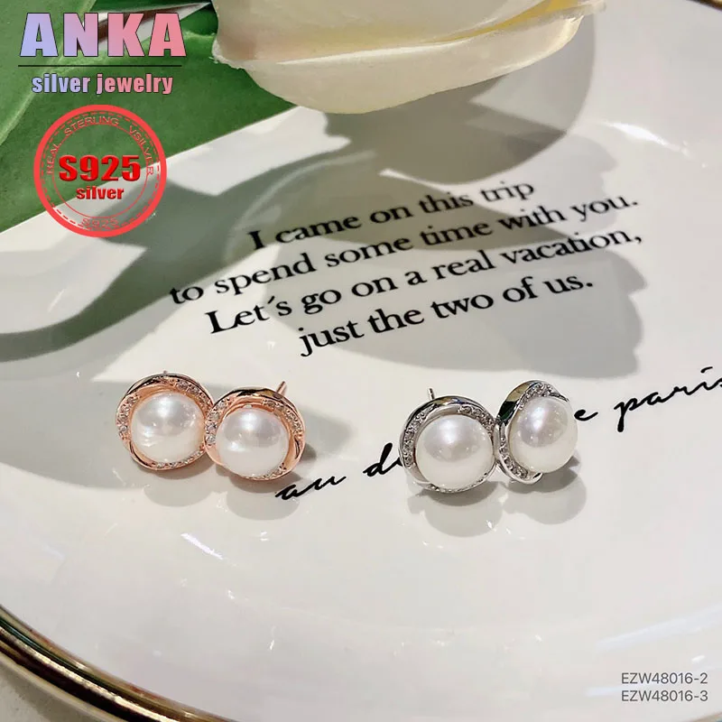 

S925 sterling silver earrings Round pearl earrings micro-set zirconia OL style Women's earrings