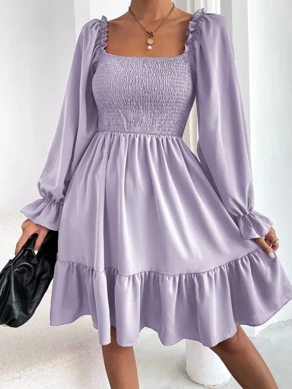 Women's Simple V Neck Long Sleeve Dress Polyester Solid Color Parallel Crepe Seam Body Bell Sleeve Ruffled Casual Hem Dress