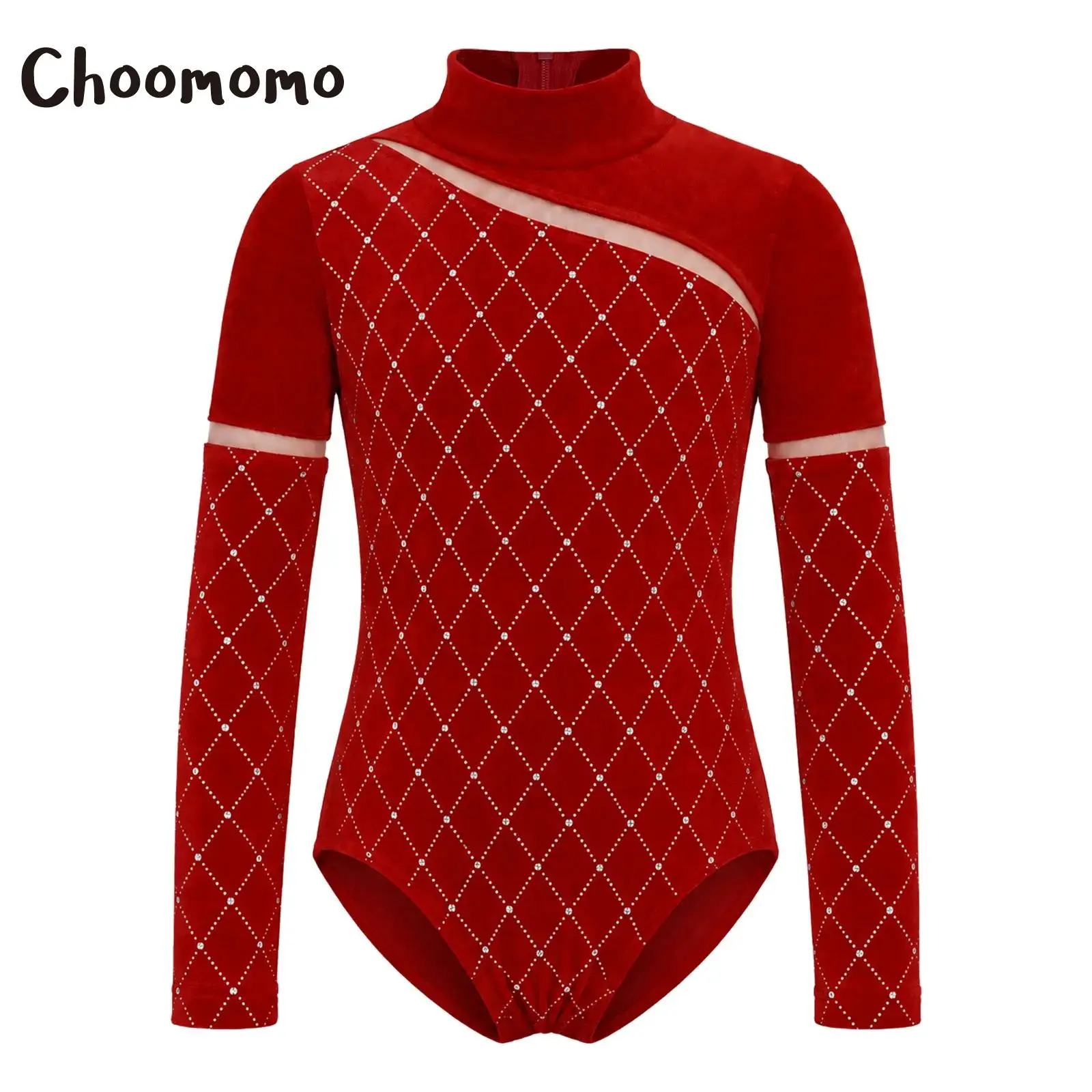 Maillots de Ballet para Niñas, Bodys de Danza de Terciopelo con Rombo Metálico para Niñas, Unitard de Gimnasia de Manga Larga con Malla, Traje de Patinaje Artístico y Danza Navideño
