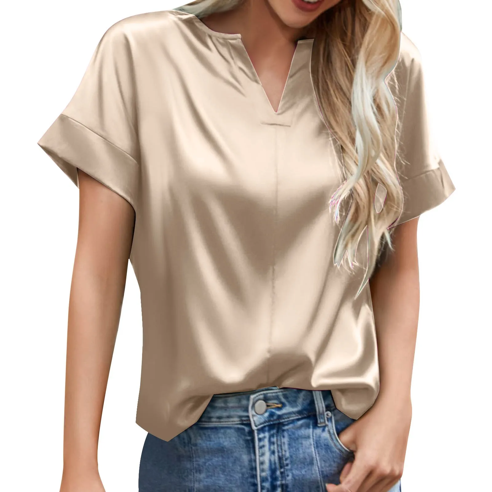 Women Summer Satin Silk Shirts Elegant Loose Office Lady V Neck Short Sleeve Tops Solid Commuter Blouses Rose Gold Green T Shirt