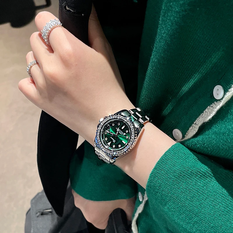 Роскошные брендовые водонепроницаемые часы, классический зеленый циферблат, бриллиантовый Безель, нержавеющая сталь, кожа, женские наручные часы