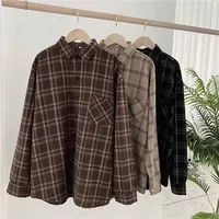 Vintage Women Plaid Shirts Loose Oversize Long Sleeve Button Up Fall Shirt Casual Pocket Female Korean Black Outwear Tops Mujer