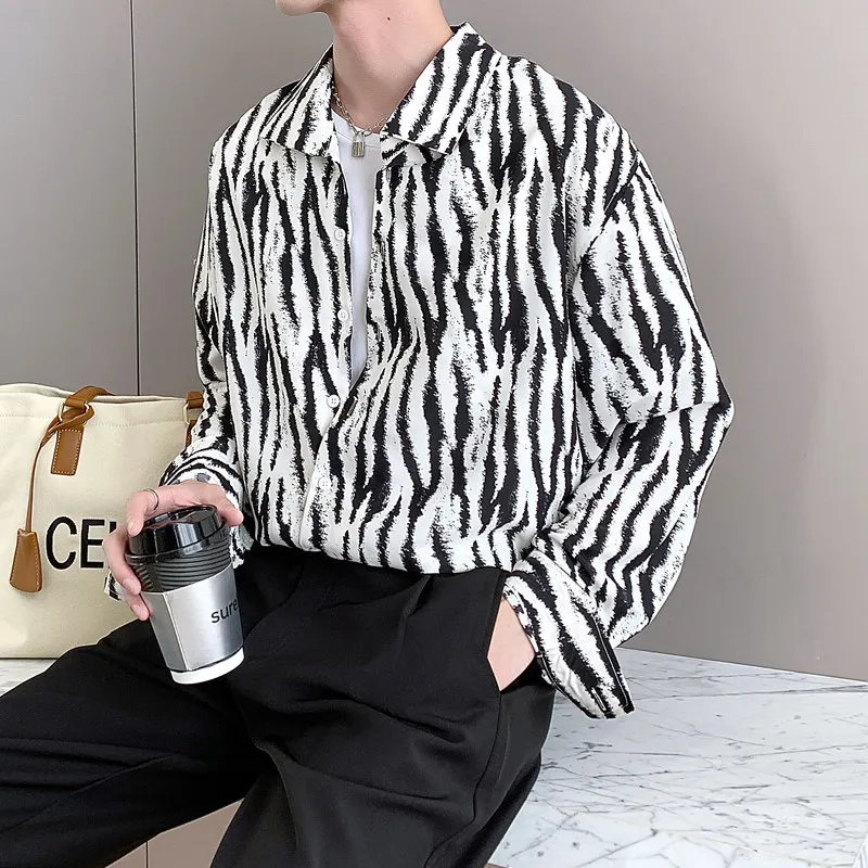 Zebra Stripe Long Sleeve Men's Shirt Korean Design Sensation Hair Stylist Style Autumn Fashion Casual Polyester Fiber