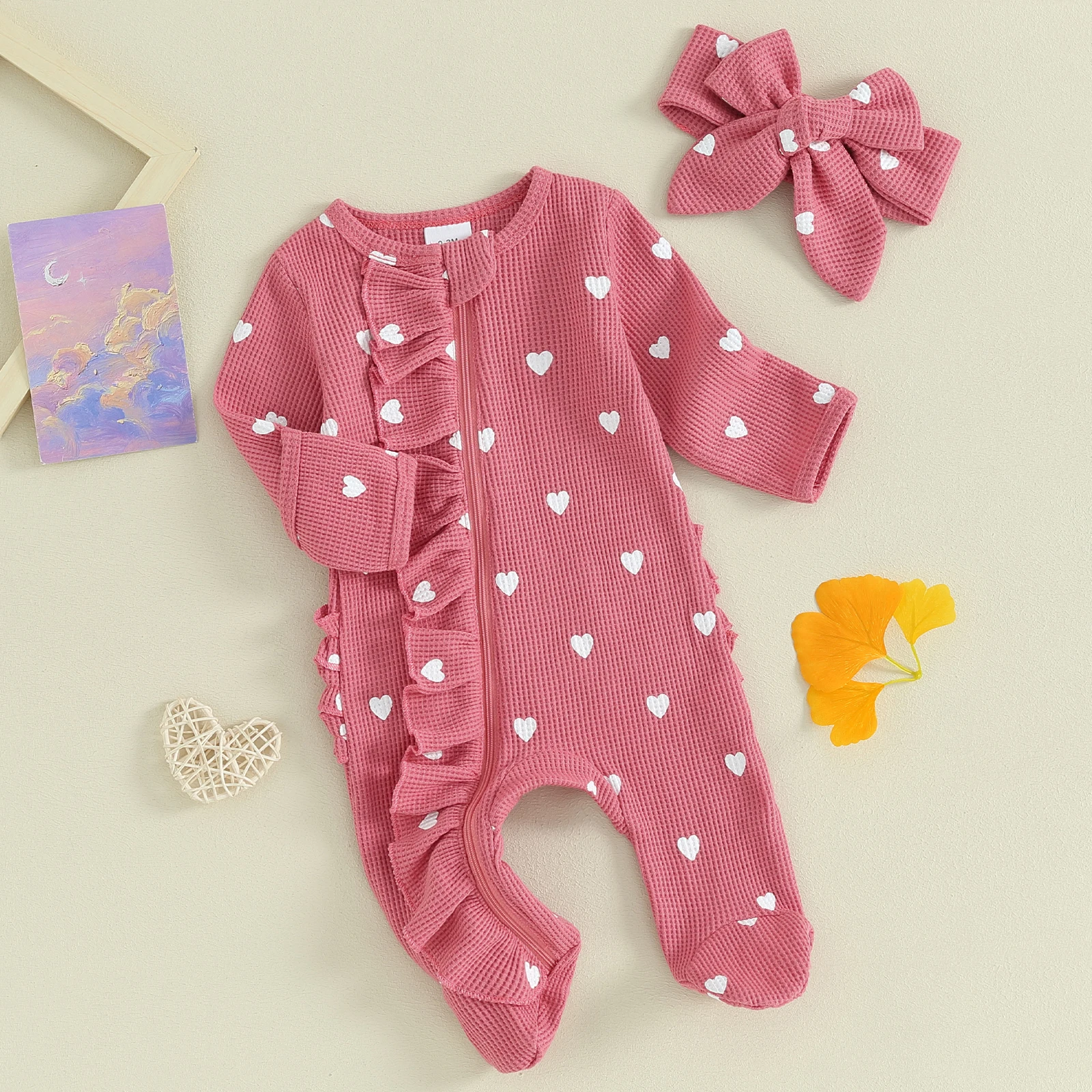 Baby Girls Valentines Day Foot Cover Jumpsuit Long Sleeve Crew Neck Heart Print Ruffle Zipper Footies with Headband