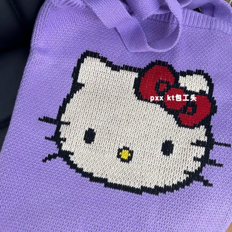 Sanrio Animation Hello Kitty Cute Shoulder Bag Kawaii Y2K Handmade Knitted Bag Cartoon Fashion Shoulder Bag Girl Birthday Gift