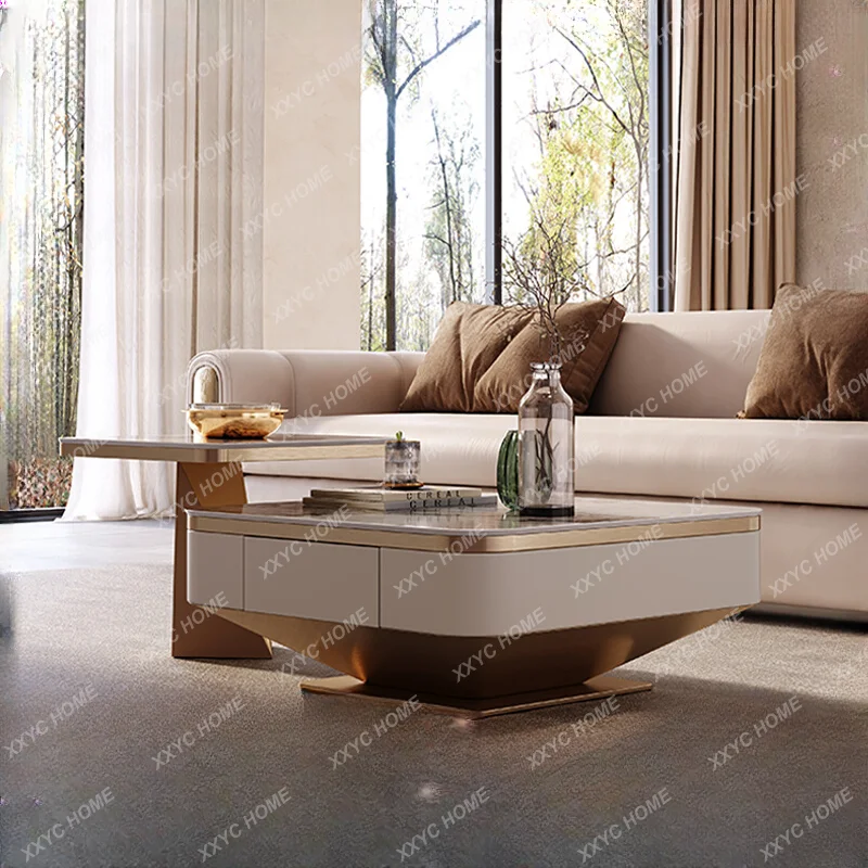 Light Luxury Stone Plate Coffee Table TV Cabinet Combination Household Side Table Stainless Steel Square Size Combined Tea Table