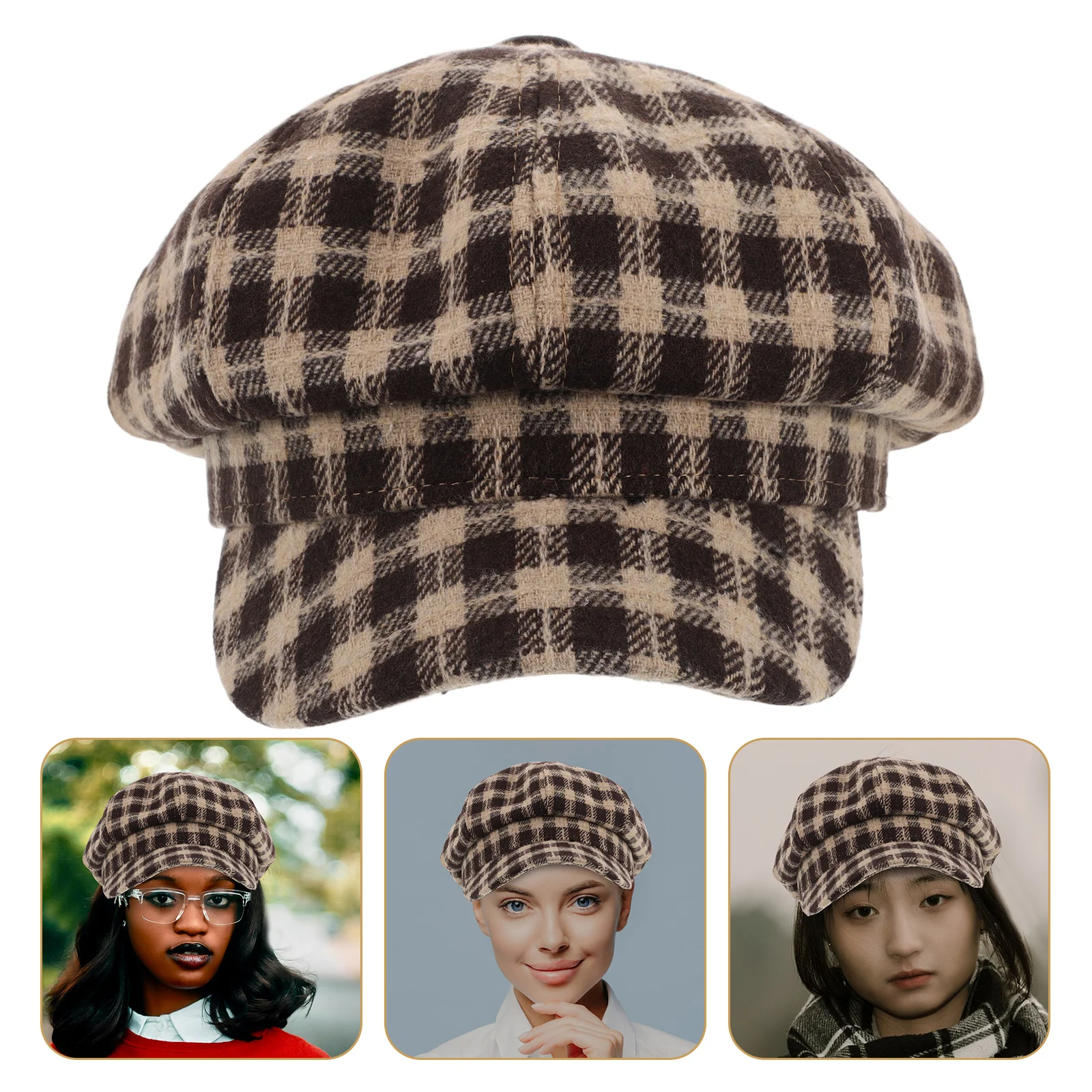 

Vintage Plaid Cap Cotton French Artist Brown Beret Adjustable Newsboy Hat For Women Men Cotton Check Beanie Cap Hat